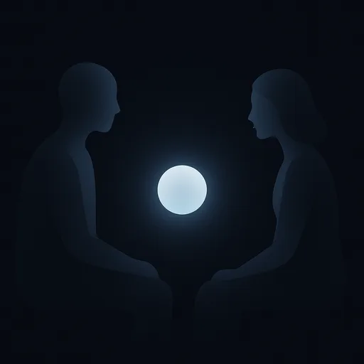 Two people facing each other with a glowing orb between them.